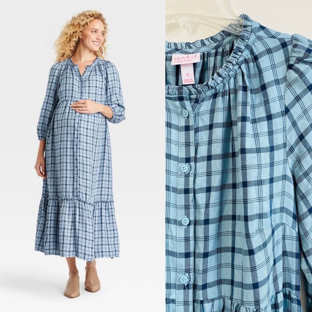 Ingrid & Isabel Maternity Plaid Dress Small Half Sleeve Blue Long Maxi Maternity